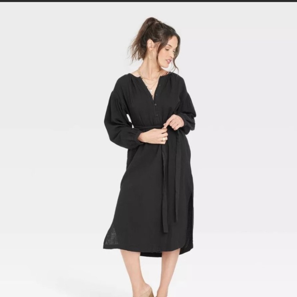 Universal Thread Balloon Sleeve Tie front Shirt dress Black Sz S Peasant NWT